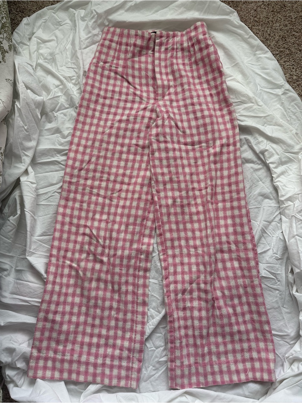 Zara Pink & White Gingham Wide-Leg Pants Size XS